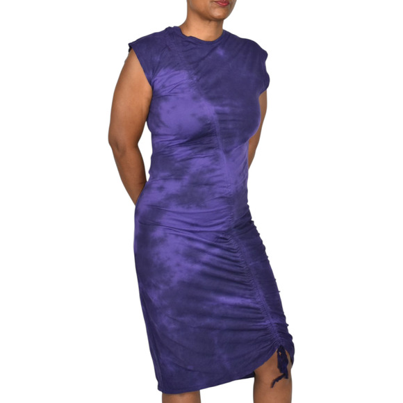 Raquel Allegra Midi Dress Purple Gathered Tie Dye Ruched Jersey Bodycon Medium - Picture 6 of 14